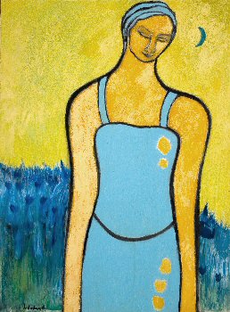 Woman in a field with blue moon